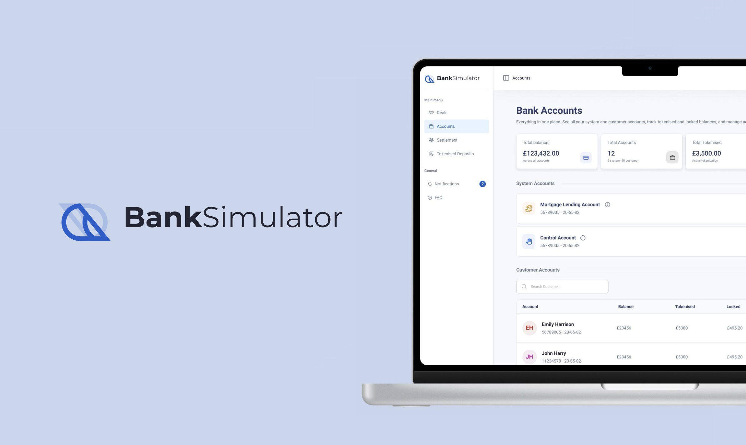 BankSimulator dashboard showing bank accounts, balances and tokenised deposits