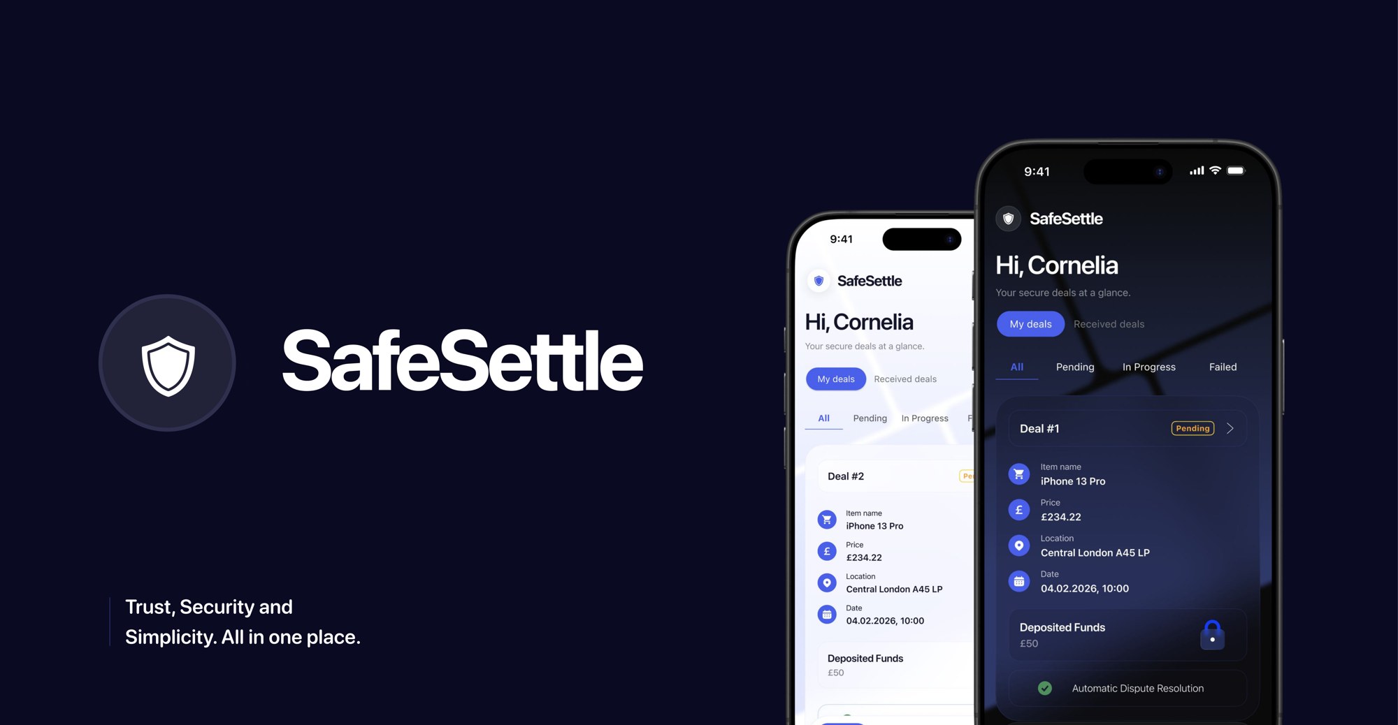 SafeSettle app showing a secured deal dashboard with deposited funds and dispute resolution status